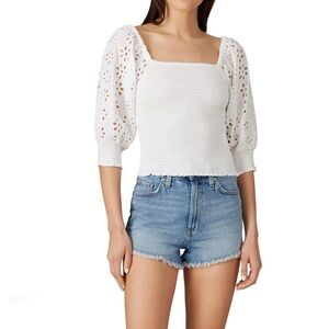 Wish Frame shirted Blouse in White Eyelet Cotton with‎ Puffy Sleeves Size Medium